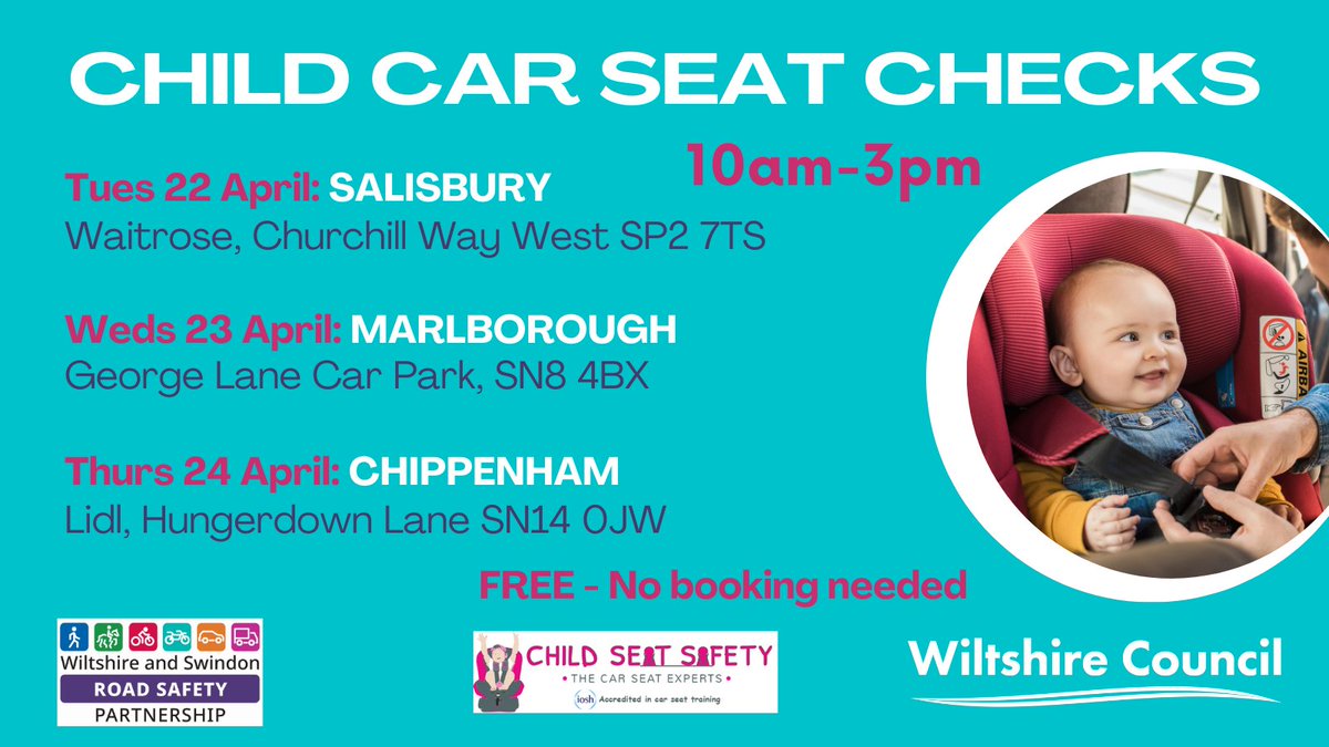 Child Car Seat Checks 

Pop along &amp; get expert advice on choosing and fitting the right car seat for your child and vehicle!

Visit one of the check points in Salisbury, Marlborough and Chippenham this April from 10am to 3pm.

Free - No booking needed