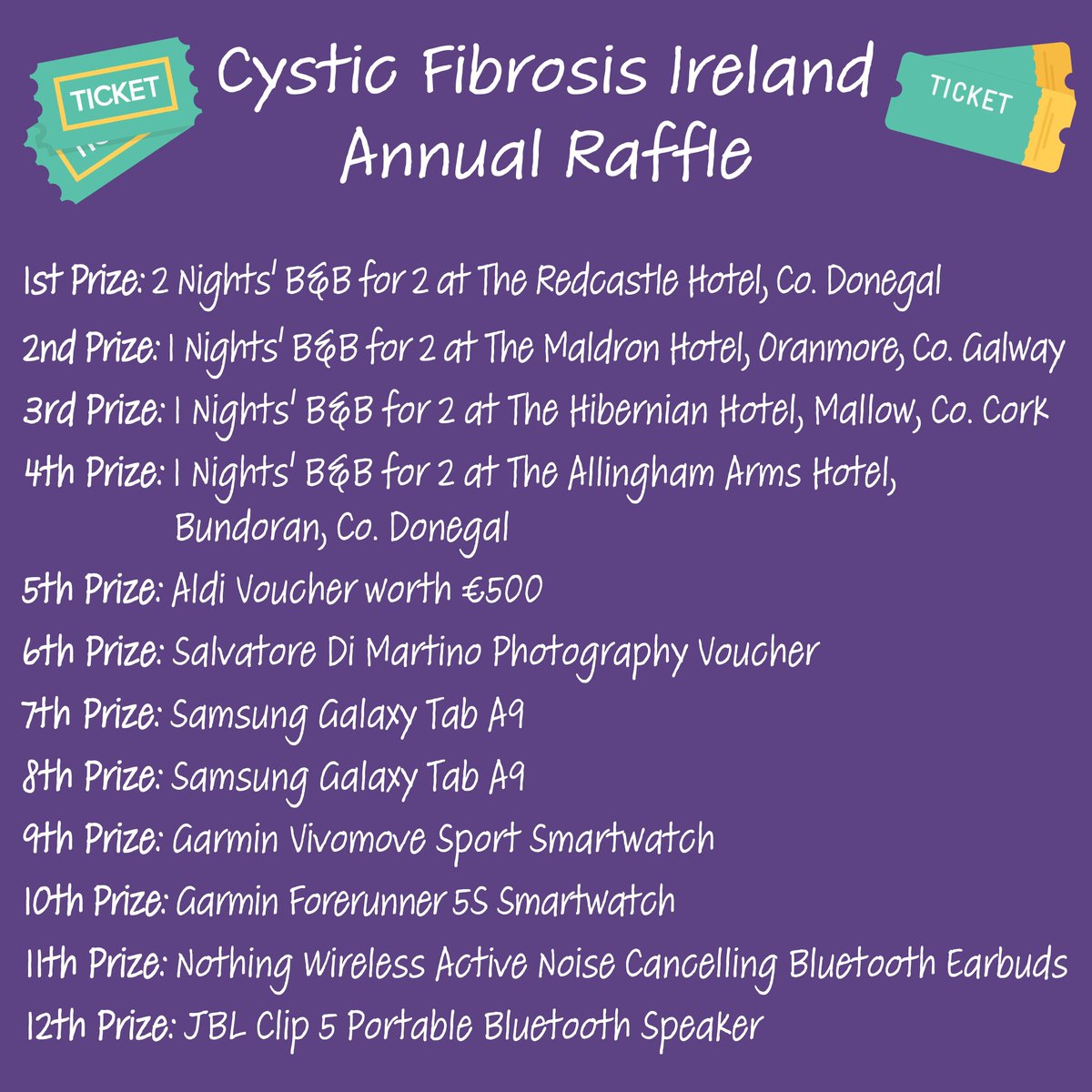 cf_ireland's tweet image. 🎟️ Don't miss out on the CFI Annual Raffle! Join us on June 21st at the Ardilaun Hotel, Galway for a chance to win amazing prizes. Tickets are €5 each or 5 for €20. Every ticket supports Cystic Fibrosis Ireland. Get yours now: buff.ly/ZjGzS13 💜 #CFIRaffle25 #SupportCF