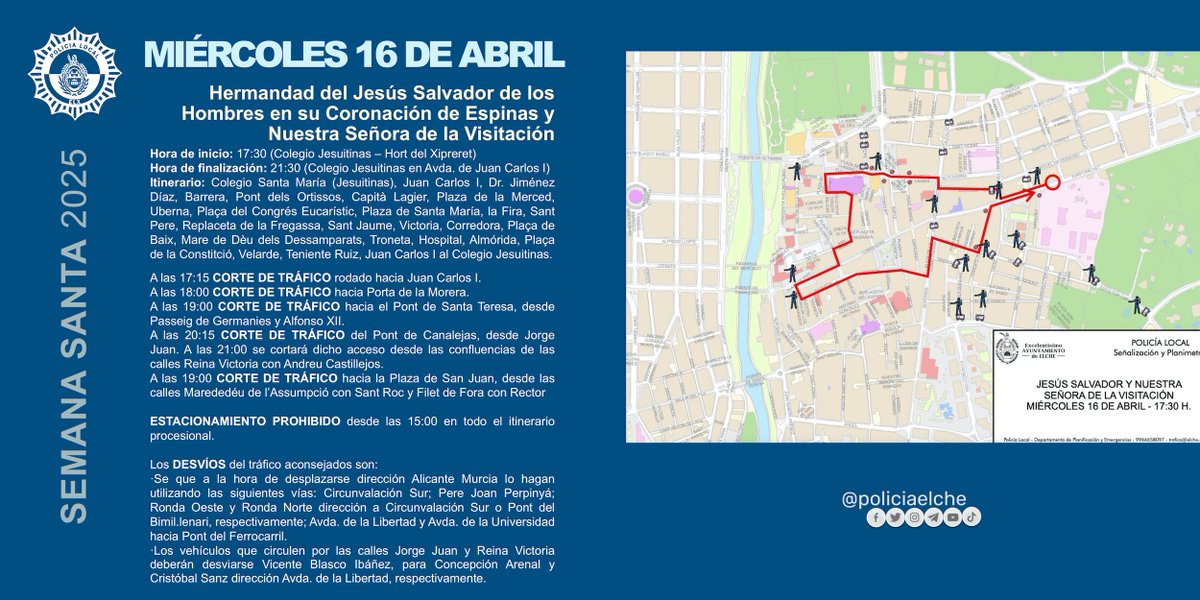 #SemanaSantaElche2025
📆 Miércoles 16
📍“Hª del Santísimo Cristo del Amor. Procesión Joven del Cristo del Amor”
📍“Hª del Jesús Salvador de los Hombres en su Coronación de Espinas y Nuestra Señora de la Visitación"
[2/4]

Recorridos y tiempos de paso: bit.ly/SEMSanta2025
