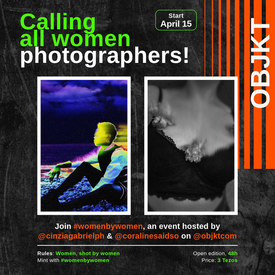 objkt.com (@objktcom) on Twitter photo GM! Happy #TezosTuesday! โ๏ธ
The #womenbywomen event is live โ are you in?
Hosted by <a href="/coralinesaidso/">CORAlinesaidso.tez ๐ช</a> and <a href="/CinziaGabrielPH/">cinziagabrielph.eth</a>, the rules are simple: women, photographed by women ๐ธ
Suggested price: 3 tez
48h OE
๐ Donโt forget to use the hashtag #womenbywomen when you mint!
Also, GM! Happy #TezosTuesday! โ๏ธ
The #womenbywomen event is live โ are you in?
Hosted by <a href="/coralinesaidso/">CORAlinesaidso.tez ๐ช</a> and <a href="/CinziaGabrielPH/">cinziagabrielph.eth</a>, the rules are simple: women, photographed by women ๐ธ
Suggested price: 3 tez
48h OE
๐ Donโt forget to use the hashtag #womenbywomen when you mint!
Also,