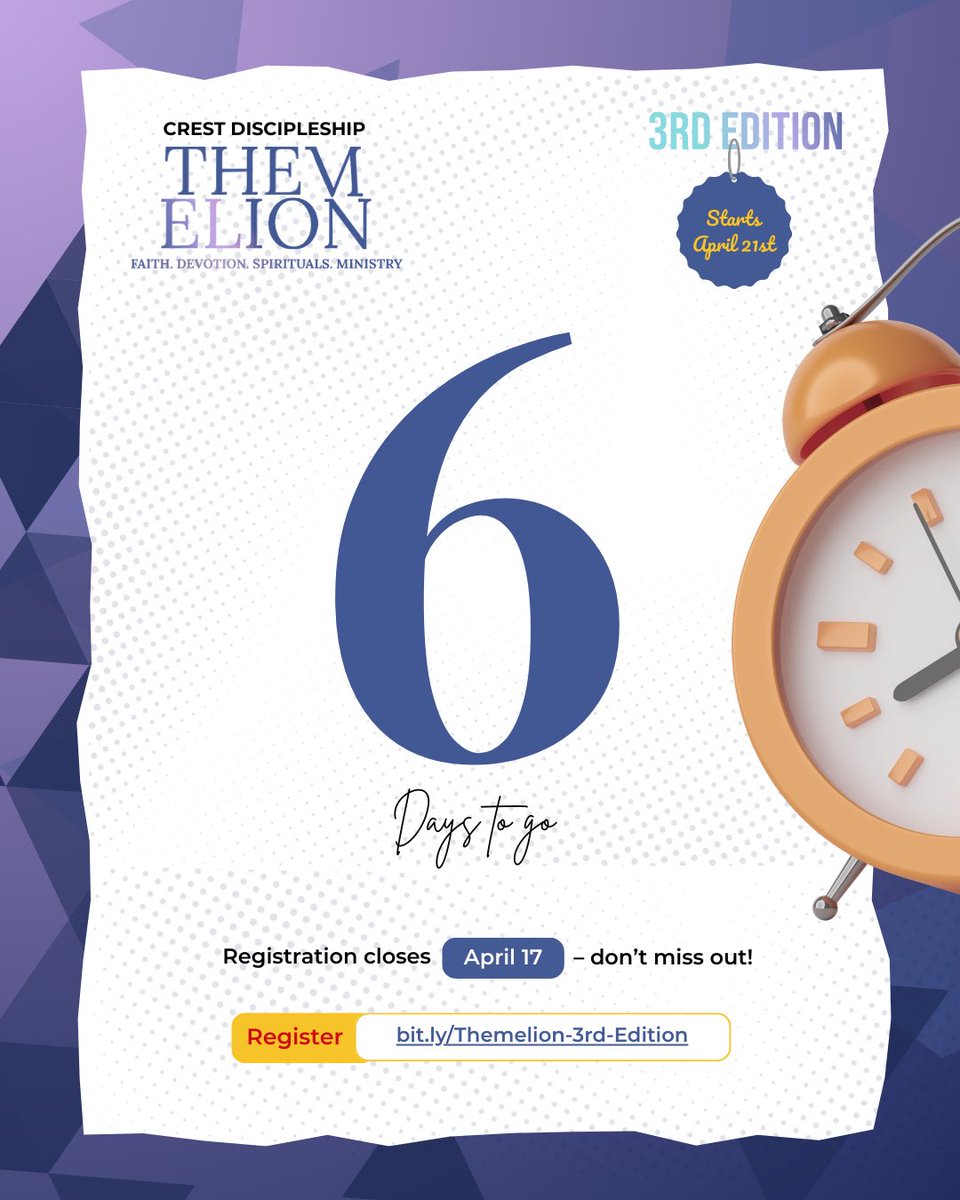 crest_course's tweet photo. We’re just days away from the final edition of Themelion, and the countdown is on!
Haven’t registered yet? Click the link in our bio now to do so❤️
Link to register⬇️
https://t.co/4PuafRAy5o
#Themelion #CountdownToThemelion #CrestDiscipleship https://t.co/UQPMGhUtdI