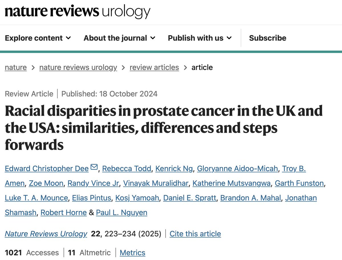 Racial disparities in prostate cancer in the UK and the USA

nature.com/articles/s4158…

Analysis compares racial disparities in #ProstateCancer between the USA🇺🇸and the UK🇬🇧 revealing that Black men in both countries face significantly higher risks of diagnosis and mortality than