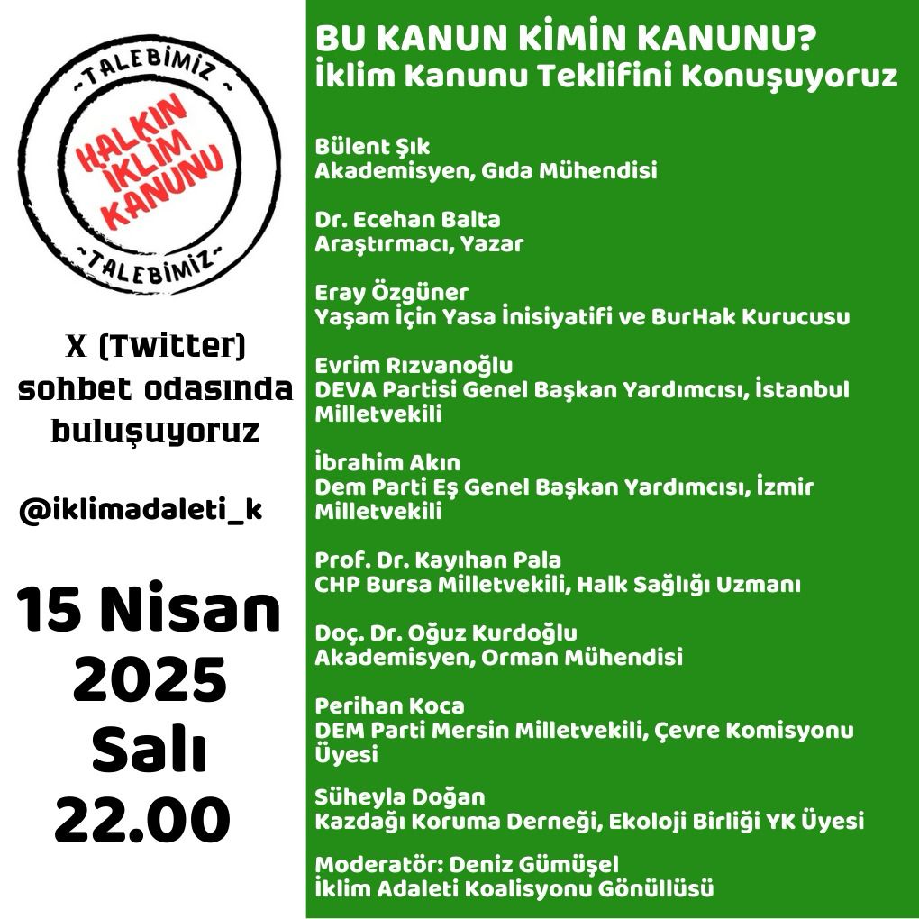 İklim kanununu yazsak yeniden?

"Halkın İklim Kanunu' kampanyasını yürüten 120 kurum, mevcut tasarının halkın ve doğanın yararına olmadığını, aksine ticari çıkarları gözettiğini vurgulamak için bu akşam 22.00'da X'te buluşuyor.