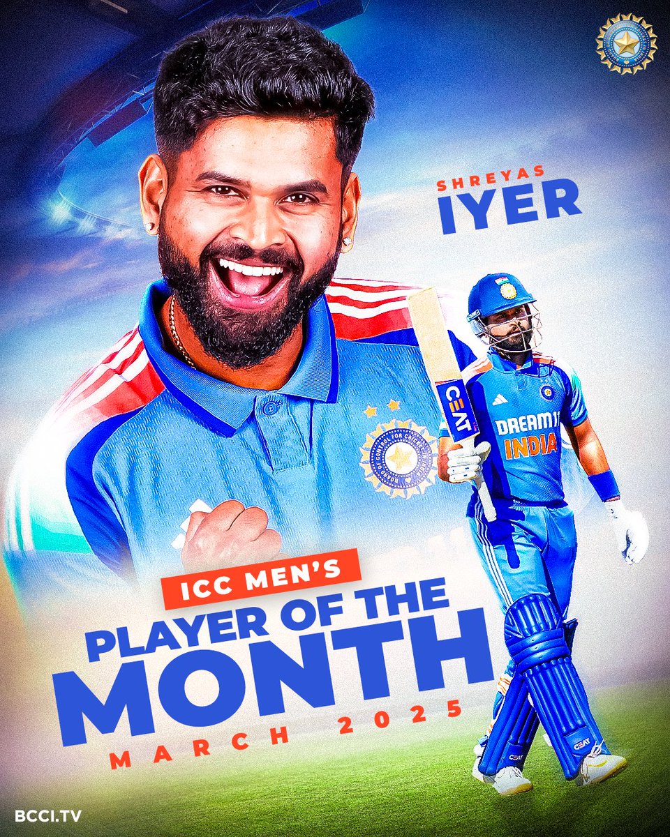 BCCI's tweet photo. Congratulations to @ShreyasIyer15 who has been awarded the ICC Men's Player of the Month for his exceptional performance in the Champions Trophy 👏👏

This is his second ICC Player of the Month award.

#TeamIndia https://t.co/JktVCySXNK