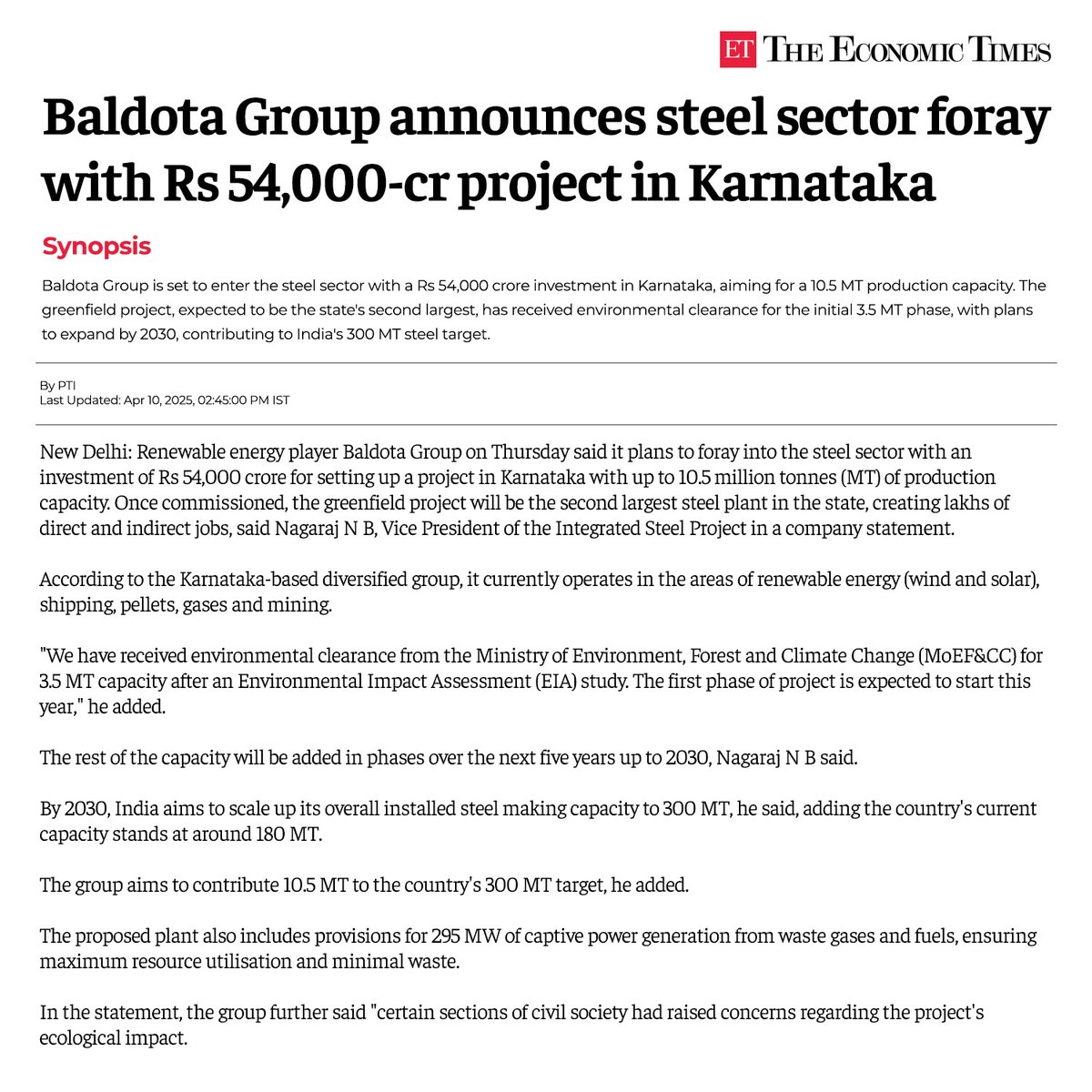 Invest Karnataka (@investkarnataka) on Twitter photo #Renewable energy player <a href="/BaldotaGroup/">Baldota Group</a> is set to invest ₹54,000 crore in a #steel plant in #Karnataka, with a planned #production capacity of 10.5 million tonnes. It will be the second-largest steel plant in the state, creating lakhs of #jobs and adding to Karnataka’s reputation #Renewable energy player <a href="/BaldotaGroup/">Baldota Group</a> is set to invest ₹54,000 crore in a #steel plant in #Karnataka, with a planned #production capacity of 10.5 million tonnes. It will be the second-largest steel plant in the state, creating lakhs of #jobs and adding to Karnataka’s reputation