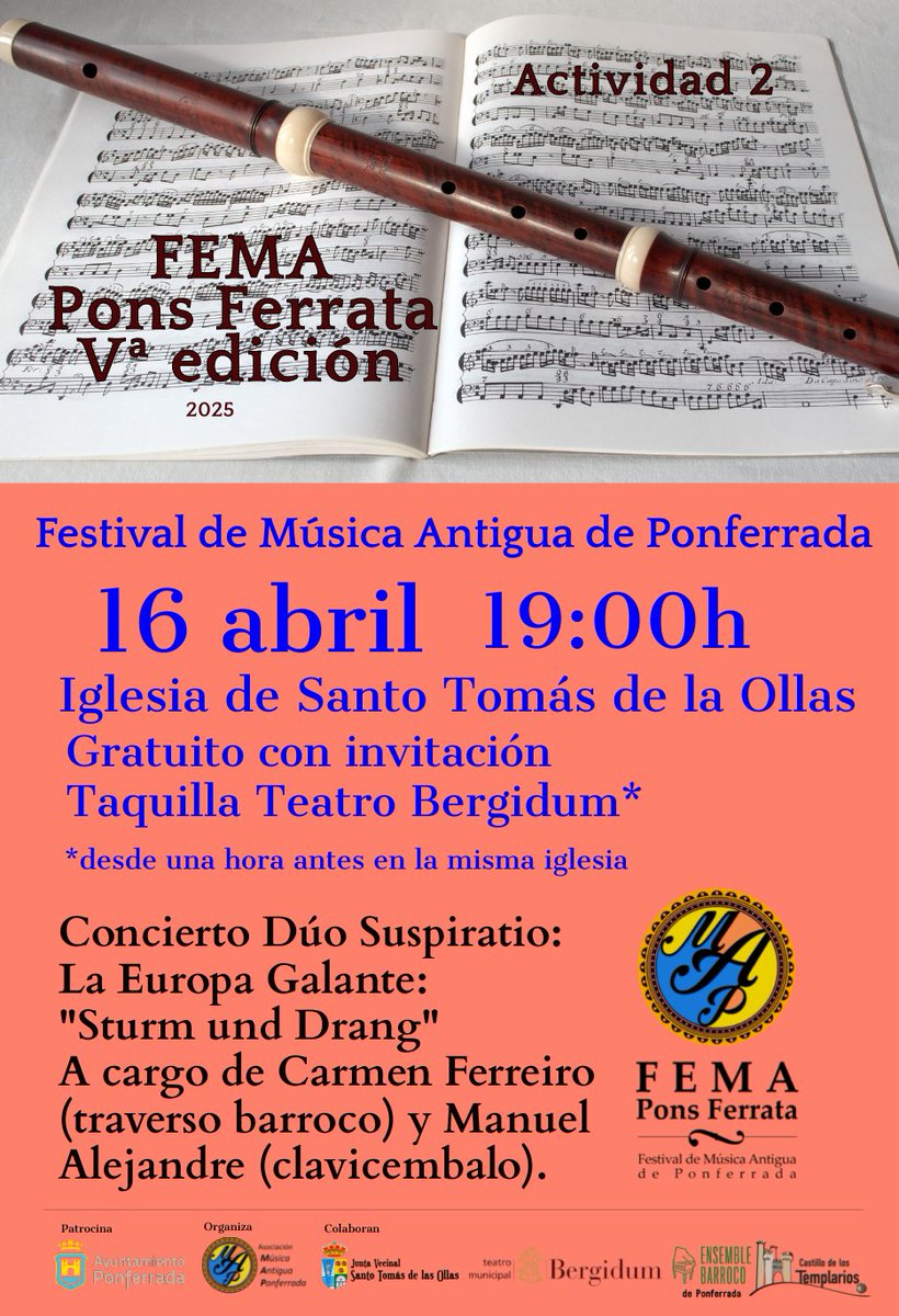FEMAponsferrata's tweet photo. Hoy el Festival de Música Antigua Pons Ferrata descansa, pero se reanuda mañana con un concierto del dúo Suspiratio (traverso y clave) en la iglesia mozárabe de Santo Tomás de las Ollas a las 19:00h  (INVITACIONES AGOTADAS).
Actividad patrocinada por el @AytoPonferrada https://t.co/jQaybp9z64