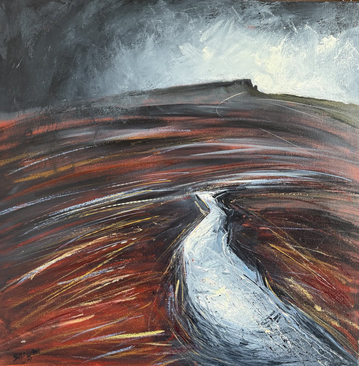 staithesartist's tweet image. Rain Over #HiggerTor #Derbyshire #PeakDistrict #oils #pigmentsticks #landscape 30x30” #blockcanvas I think it is finished now.