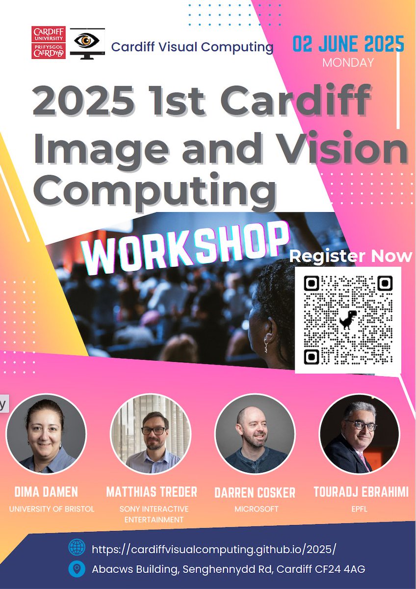 We’re pleased to invite you to the 1st Cardiff Image and Vision Computing Workshop, organised by the Cardiff Visual Computing Section!
🗓 2nd June 2025
📍 Abacws Building, Cardiff University
🔗 Info &amp; Registration: cardiffvisualcomputing.github.io/2025
📝 Register (free) by: 21st May 2025