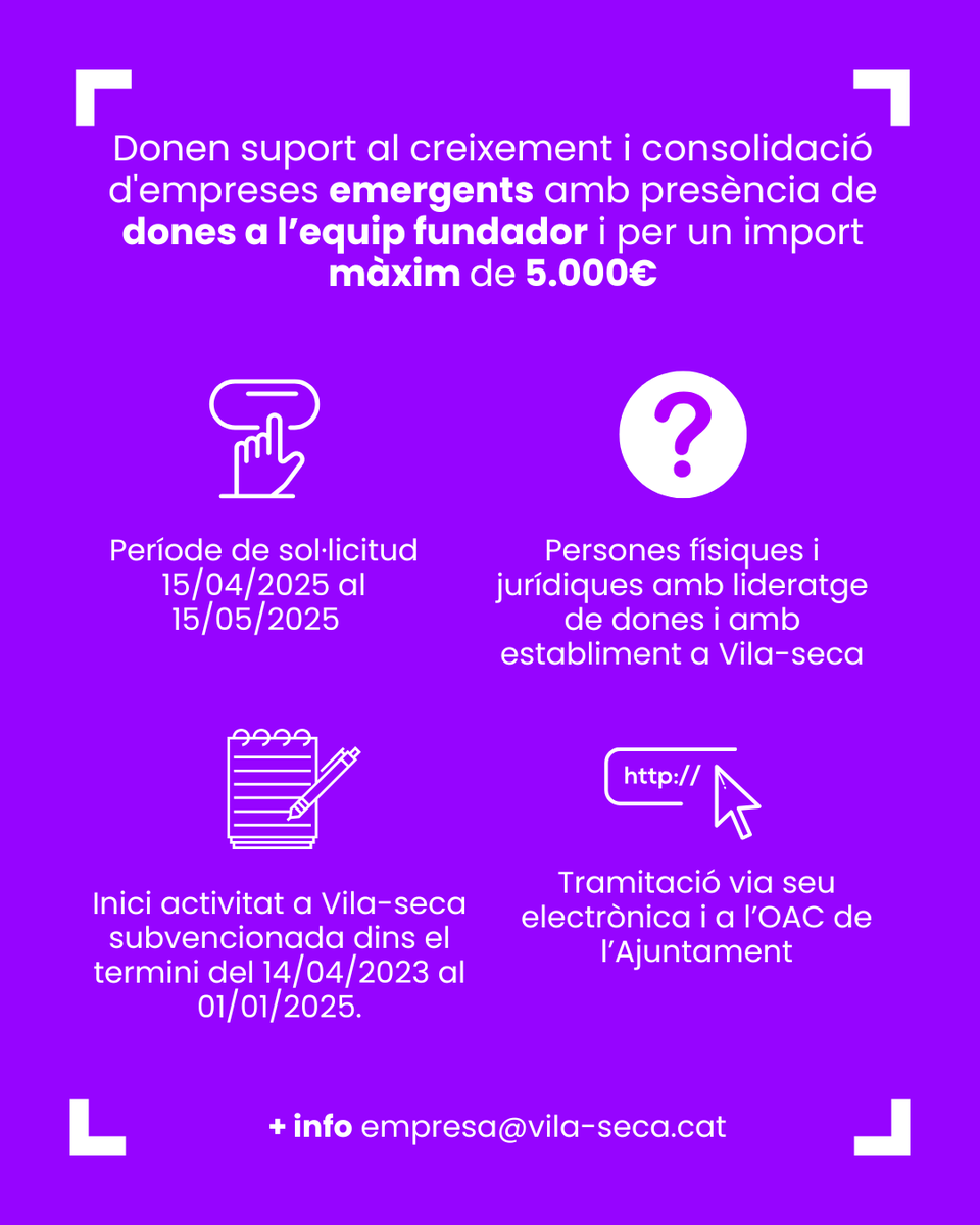 AjVilaseca's tweet photo. Si ets una dona emprenedora i tens una empresa a Vila-seca, aquesta convocatòria t’interessa! Termini de sol·licitud:
Del 15/04/2025 al 15/05/2025 (ambdós inclosos) #Vilaseca https://t.co/jrPMu4rqPp