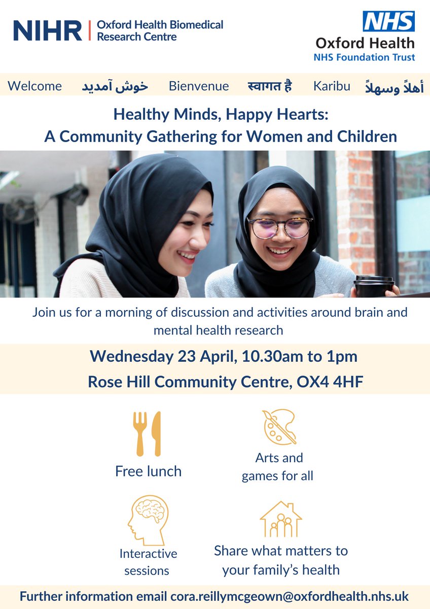 Join us for "Healthy Minds, Happy Hearts" – a community gathering for women and children, to enjoy lunch, engaging activities, inspiring talks, and more.
  
📅 April 23 , 10:30 - 13:00  
📍 Rose Hill Community Centre, Oxford 
 tinyurl.com/healthymindsev…
