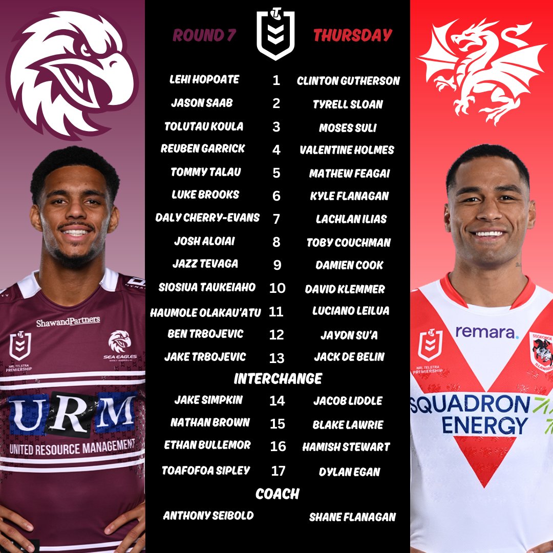 FROSTYS_SPORTS's tweet photo. Round 7 team lists are locked in. Who's climbing, who's sliding? Let the ladder shake-up begin!
#nrl #round7 #teamlists
#brisbanebroncos #southsydneyrabbitohs #newzealandwarriors #stgeorgeillawarradragons  #redcliffedolphins #manlyseaeagles #canterburybankstownbulldogs #melbournestorm