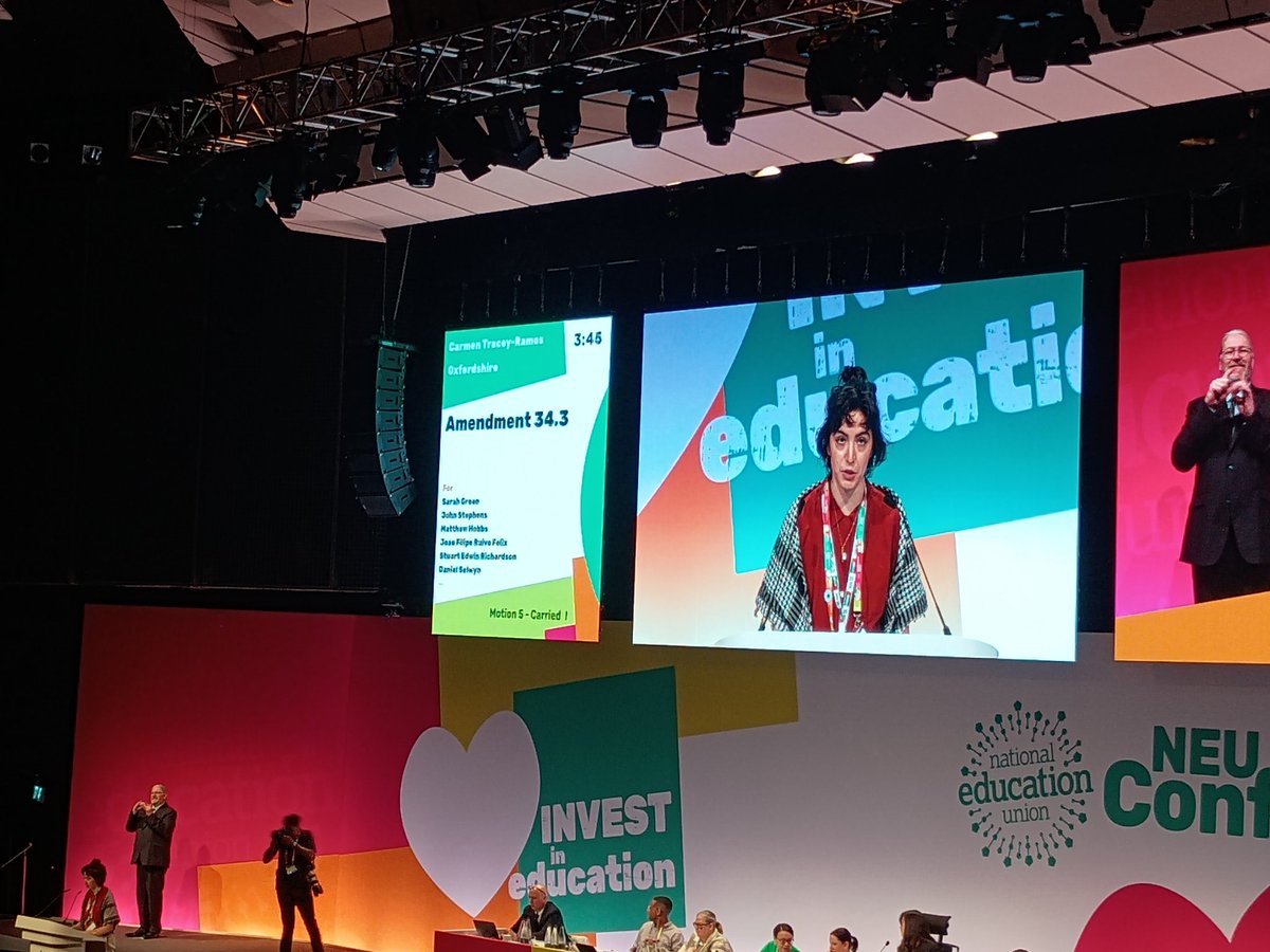 NEU Oxfordshire president Carmen Tracey Ramos' speech proposing amendment 34.3 on the Palestine motion at the #NEU2025 conference in Harrogate. Read more about the Disarm education campaign: disarmeducation.org 
<a href="/DisarmEducation/">Disarm Education</a> 
<a href="/NEUnion/">National Education Union</a> <a href="/neuoxon/">NEU Oxfordshire</a>