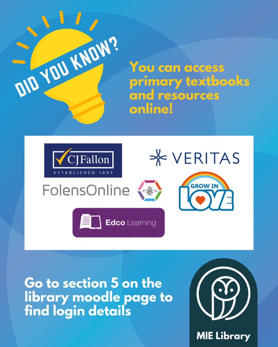 Did you know? You can access primary textbooks and resources online from publishers such as CJFallon, Folens, Edco and more! 📚

Go to section 5 on the library moodle page to find login details.