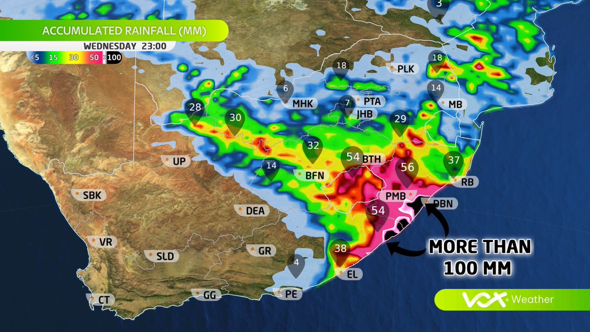 VoxWeatherZa's tweet photo. A CUT-OFF LOW &amp; SURFACE HIGH will bring COLD &amp; WET weather this Tues &amp; Wed

⚠️100MM+ RAIN likely in KZN &amp; EC, with  FLOODING likely

❄️5CM+ SNOW possible in Lesotho

🥶Temps will stay below 15°C in and around Lesotho

#voxweather #snowinSA #flooding https://t.co/FJjSOdyCT5