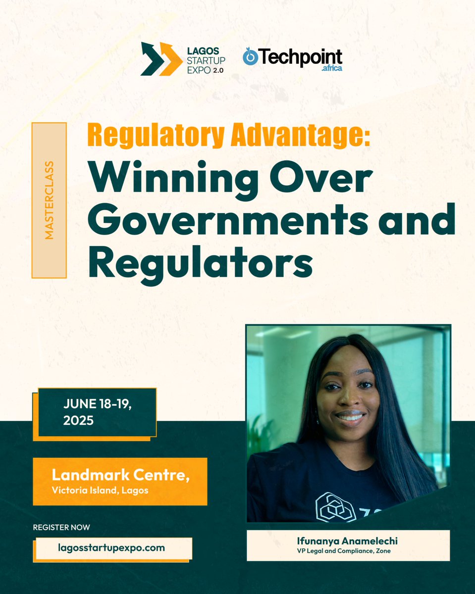We are thrilled to announce Ifunanya Anamelechi, VP, Legal and Compliance at <a href="/zonenetworkhq/">Zone</a> as a masterclass facilitator at the Lagos Startup Expo 2.0 scheduled for June 18 - 19, 2025. 

She’ll be teaching business leaders how to win with regulators. You can join that session by