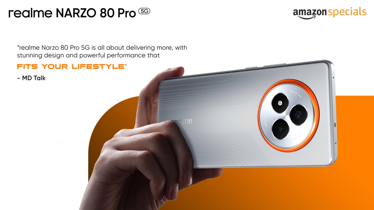 Stunning design and powerful performance.
That's how the MD Talk defines the #realmeNarzo80Pro5G.

With its design and performance, it's built to perfectly fit the lifestyle of those who are #ReadyToWin.

Starting from ₹17,999*.

Buy Now:
 realme.com: