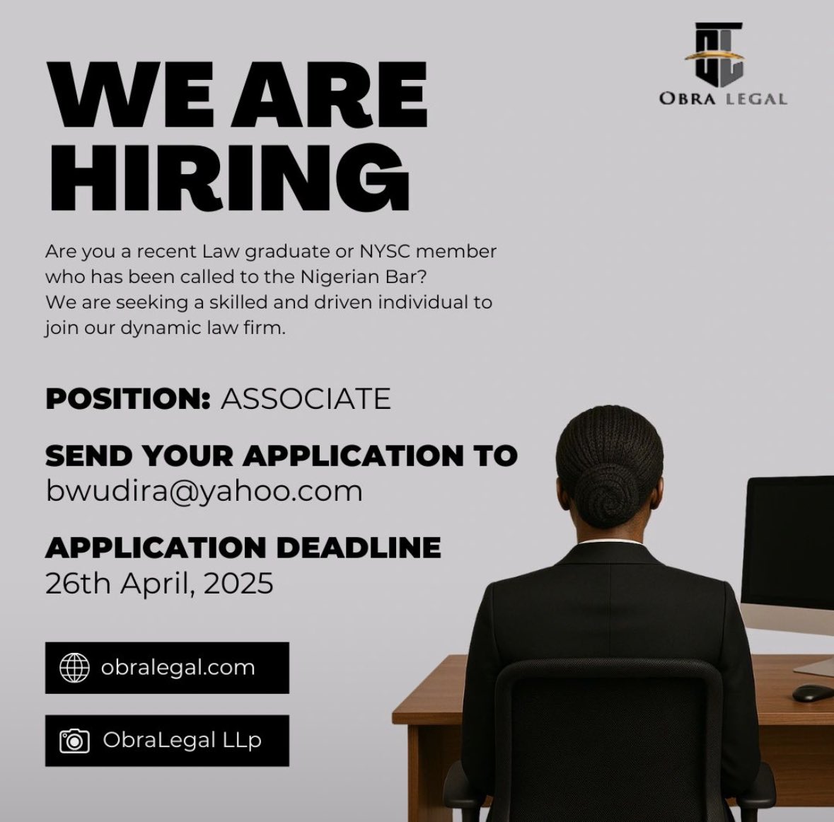 Legal Job openings: NYSC associate (Recent Graduate) role in Enugu. 

Application details in the picture.