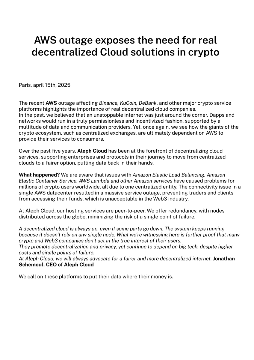 We are calling on crypto applications and consumer apps to move away from  centralized clouds and start using decentralized clouds. What happened  today is further proof that end users are always the