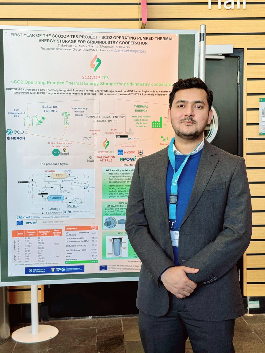 sco2optes's tweet photo. The SCO2OP-TES project was represented at the sCO2 conference by our coordinator UNIGE, with Safeer Mehdi presenting a scientific paper. Additionally, Rafael Guedez presented an overview of several KTH-led initiatives, including SCO2OP-TES and our sister projects. https://t.co/MSwso5cjLv