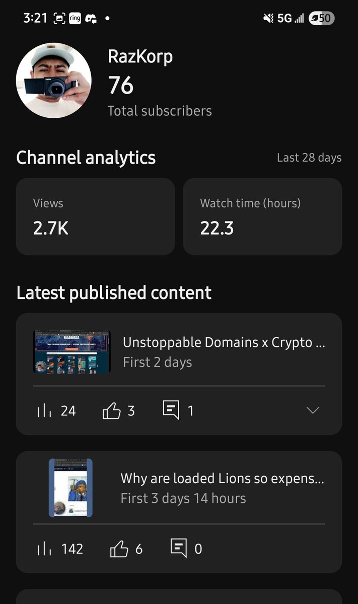 kushclock's tweet photo. Started uploading vids on April 8th. For everyone, I n youtube who saw my video. Thanks. Also, from 0-76 subscribers, in a few days, awesome.
#nft #crypto #cryptochannel #loadedlions #crofam https://t.co/BLgeTfzrsG