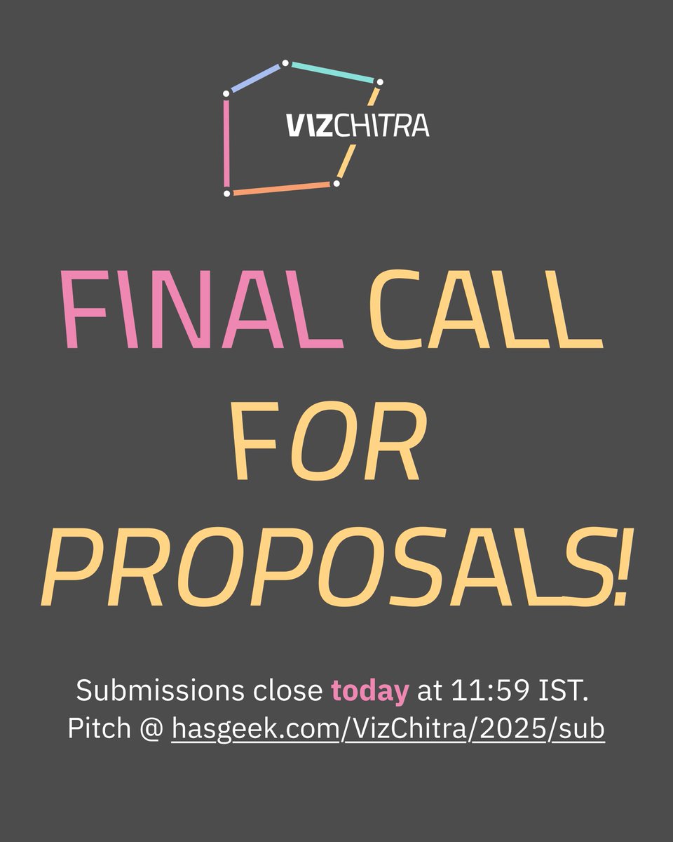 🚨Deadline Alert: The call for proposals for #VizChitra2025 closes tonight at 11:59 PM IST

⌛️There's still time. Not a lot, but enough to pull that idea out of drafts and pitch: hasgeek.com/VizChitra/2025…

🧵Here's why you don't need to overthink it