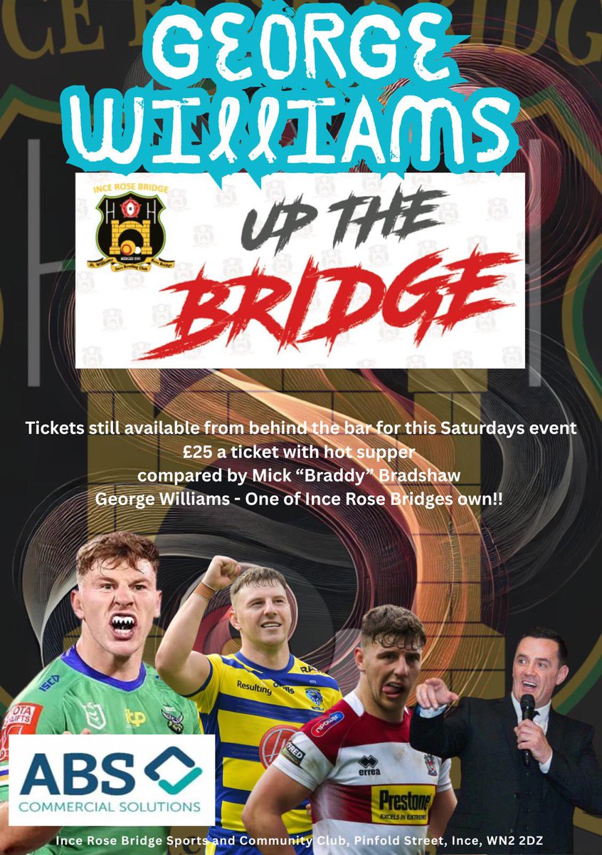 SportingImage Braddy (@mickbraddy) on Twitter photo Myself and <a href="/George7Williams/">George Williams</a> are coming to <a href="/ArlfcInce/">Ince Rose Bridge ARLFC</a> this Saturday evening.
Going to be a top night raising funds for the under 13โs tour to France ๐๐ซ๐ท
TICKETS STILL AVAILABLE
๐คฉ๐๐๐๐๐๐๐ ๐๐๐๐ ๐ผ ๐๐๐๐๐๐ฟ๐คฉ
Proudly Sponsored by ABS Commercial Solutions Myself and <a href="/George7Williams/">George Williams</a> are coming to <a href="/ArlfcInce/">Ince Rose Bridge ARLFC</a> this Saturday evening.
Going to be a top night raising funds for the under 13โs tour to France ๐๐ซ๐ท
TICKETS STILL AVAILABLE
๐คฉ๐๐๐๐๐๐๐ ๐๐๐๐ ๐ผ ๐๐๐๐๐๐ฟ๐คฉ
Proudly Sponsored by ABS Commercial Solutions