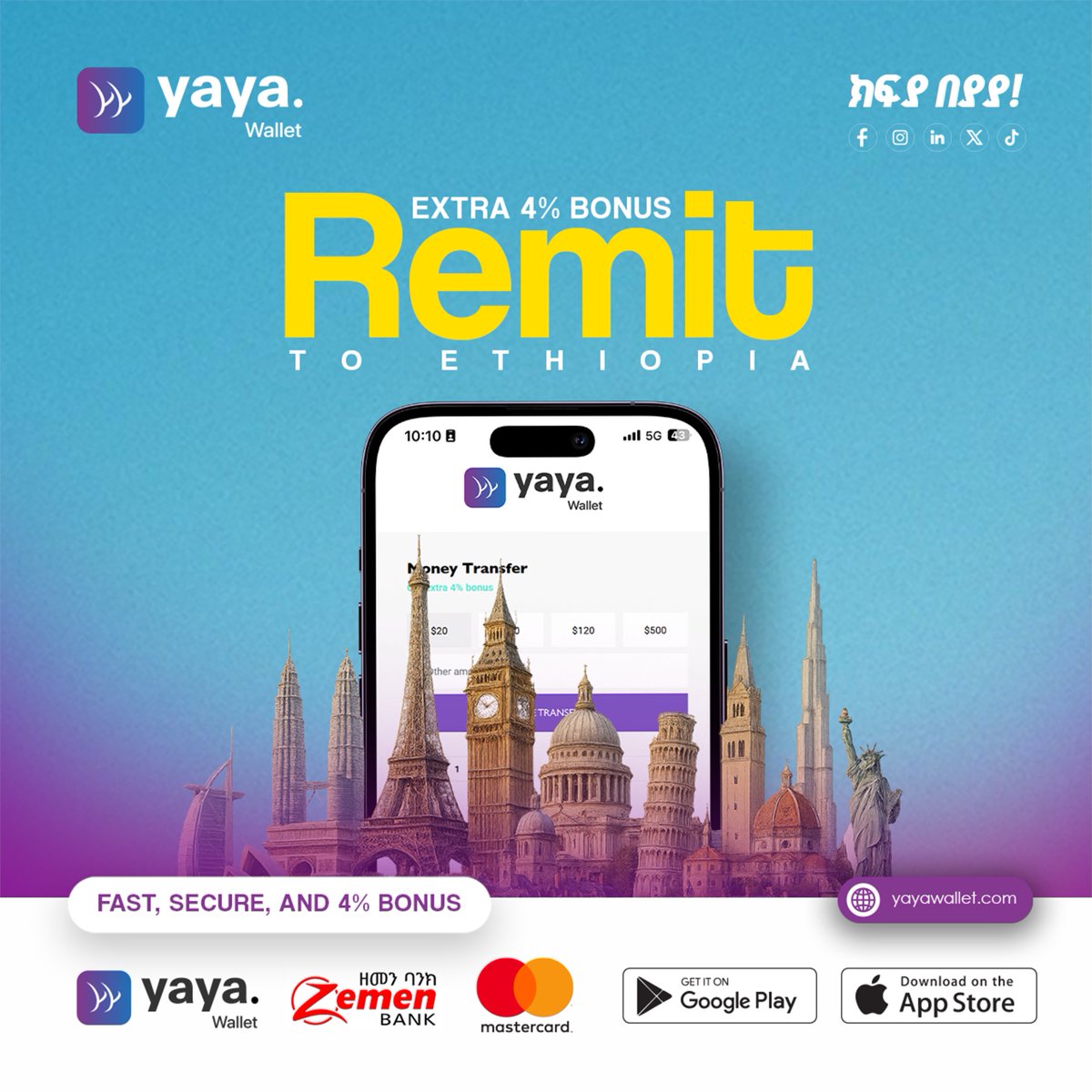 yayawallet's tweet photo. Send money to Ethiopia with ease to all banks! In celebration of the upcoming Ethiopian Easter holiday, enjoy an extra 4% bonus on every foreign currency transfer, plus the daily exchange rate! 💰✨

#YaYaWallet #YaYa #Remittance #Ethiopia #EthiopianEaster #ZemenBank #Mastercard https://t.co/wA6mTjmSmz