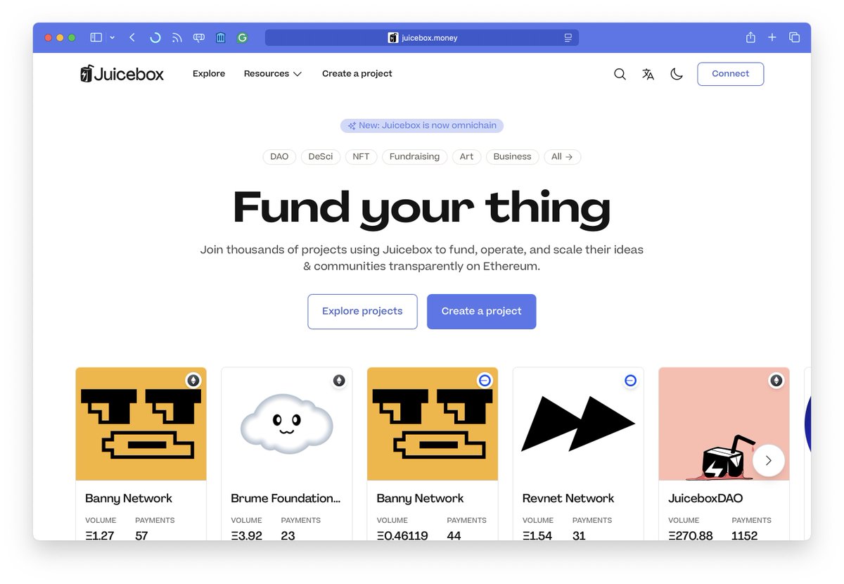 Omnichain support (Mainnet / Base / OP / Arbitrum) is launched on the <a href="/juiceboxETH/">Juicebox Protocol | Program your project's money</a> website.