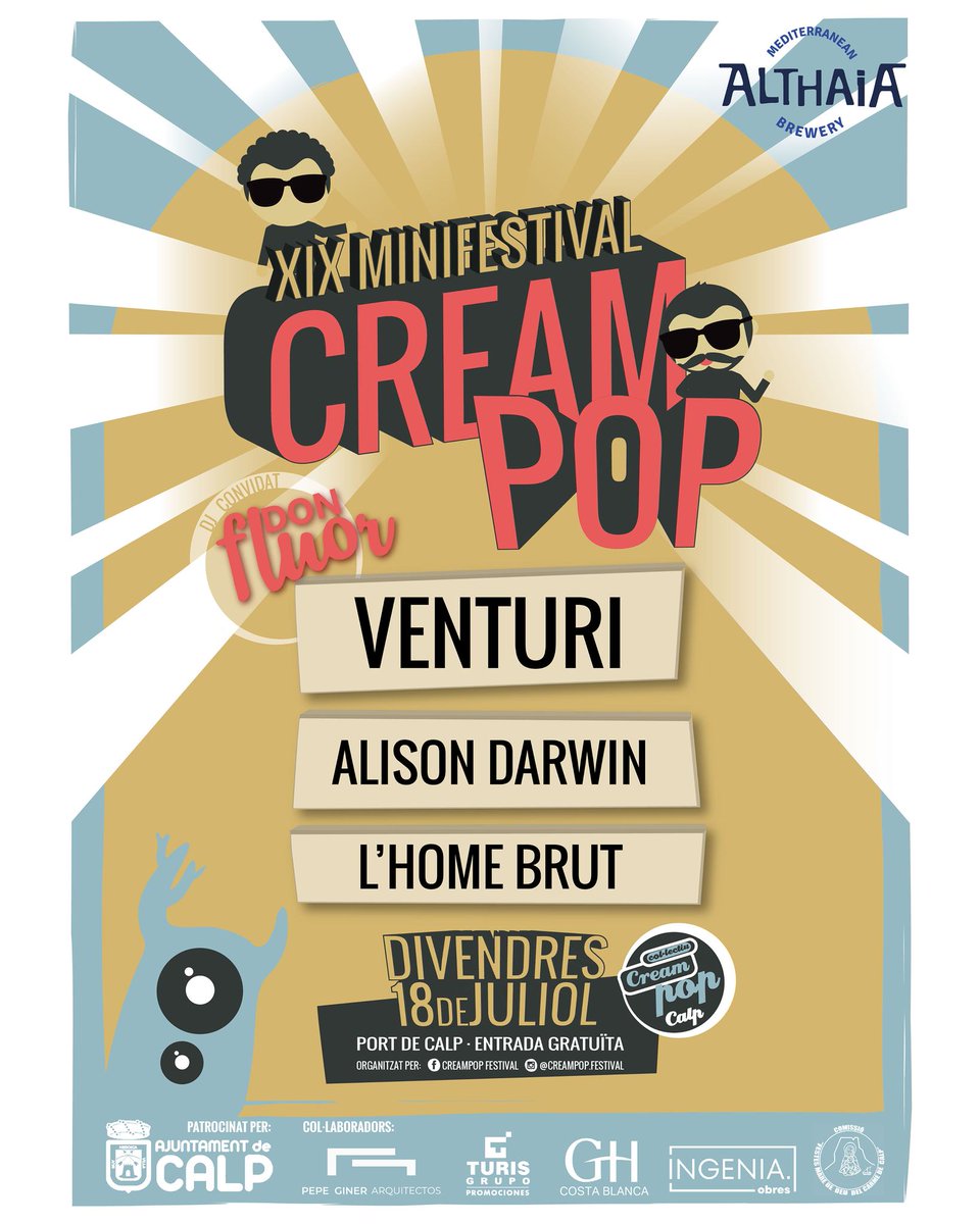 Alacant Indie (@alacantindie) on Twitter photo Buenos días, indiefamily. Empezamos este nublado martes con noticia festivalera: <a href="/venturimusica/">Venturi</a>, <a href="/alisondarwin_/">ALISON DARWIN</a>, <a href="/LHomeBrut/">L'Home Brut</a> y <a href="/Donfluor/">Don Fluor</a> forman el cartel de la 19ª edición del <a href="/CreampopFestiva/">CreampopFestival</a> de Calp el próximo viernes 18 de julio <a href="/calp_ayto/">Ayuntamiento de Calp</a>
alacant-indie.blogspot.com/2025/04/festiv… Buenos días, indiefamily. Empezamos este nublado martes con noticia festivalera: <a href="/venturimusica/">Venturi</a>, <a href="/alisondarwin_/">ALISON DARWIN</a>, <a href="/LHomeBrut/">L'Home Brut</a> y <a href="/Donfluor/">Don Fluor</a> forman el cartel de la 19ª edición del <a href="/CreampopFestiva/">CreampopFestival</a> de Calp el próximo viernes 18 de julio <a href="/calp_ayto/">Ayuntamiento de Calp</a>
alacant-indie.blogspot.com/2025/04/festiv…