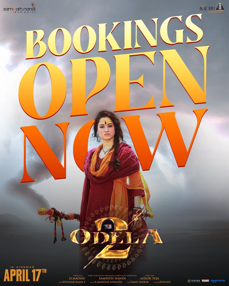 Vasishta N Simha (@imsimhaa) on Twitter photo ALL SET FOR THE EPIC SHOWDOWN b/w DEVIL & THE DIVINE 🔱💥
Be seated for this spectacular cinema experience ❤️🔥
#Odela2 bookings open now!
🎟️ linktr.ee/Odela2Tickets
#Odela2onApril17
<a href="/IamSampathNandi/">Sampath Nandi</a> <a href="/tamannaahspeaks/">Tamannaah Bhatia</a> <a href="/ashokalle2020/">alle_ashok_teja</a> <a href="/ihebahp/">Hebah Patel</a> <a href="/AJANEESHB/">B AJANEESH LOKNATH</a> <a href="/creations_madhu/">Madhu Creations</a> ALL SET FOR THE EPIC SHOWDOWN b/w DEVIL & THE DIVINE 🔱💥
Be seated for this spectacular cinema experience ❤️🔥
#Odela2 bookings open now!
🎟️ linktr.ee/Odela2Tickets
#Odela2onApril17
<a href="/IamSampathNandi/">Sampath Nandi</a> <a href="/tamannaahspeaks/">Tamannaah Bhatia</a> <a href="/ashokalle2020/">alle_ashok_teja</a> <a href="/ihebahp/">Hebah Patel</a> <a href="/AJANEESHB/">B AJANEESH LOKNATH</a> <a href="/creations_madhu/">Madhu Creations</a>