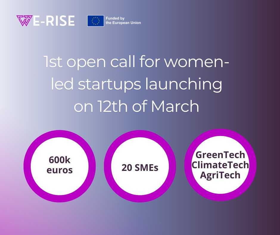 👩‍💼 Are you a woman-led #startup in the field of green, agri or climate tech?

If so, #EUInnovationEcosystems-funded WE-RISE project’s 1st open call is for you!
You have time to submit your application till 14 May 2025, 23:59 CEST.

Discover more here 👉 europa.eu/!QNMVGj