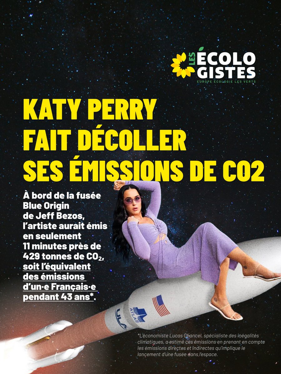 Hier, Katy Perry s’est envolée pour quelques minutes dans l’espace à bord d’une fusée Blue Origin, propriété de Jeff Bezos. 

À quel prix pour la planète ? 
💥 429 tonnes de CO₂ par passagère : c’est le coût estimé d’un vol spatial soit 43 ans d’émissions d’un·e Français·e.