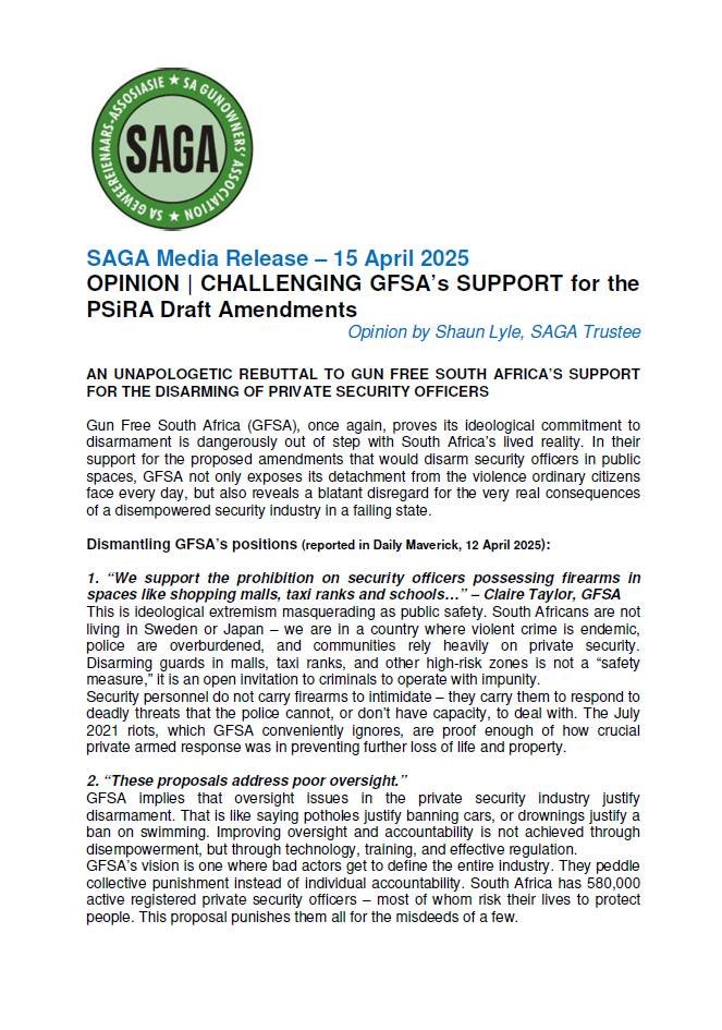 tim_meh87's tweet image. SAGA Hits Back at Gun Free South Africa’s Dangerous Support for Disarming Security Guards
Today, the South African Gunowners' Association (SAGA) issued a no-nonsense rebuttal to Gun Free South Africa’s (GFSA) backing of the Psira Draft Amendments proposals that would disarm…