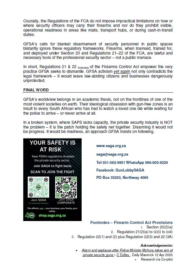 tim_meh87's tweet image. SAGA Hits Back at Gun Free South Africa’s Dangerous Support for Disarming Security Guards
Today, the South African Gunowners' Association (SAGA) issued a no-nonsense rebuttal to Gun Free South Africa’s (GFSA) backing of the Psira Draft Amendments proposals that would disarm…