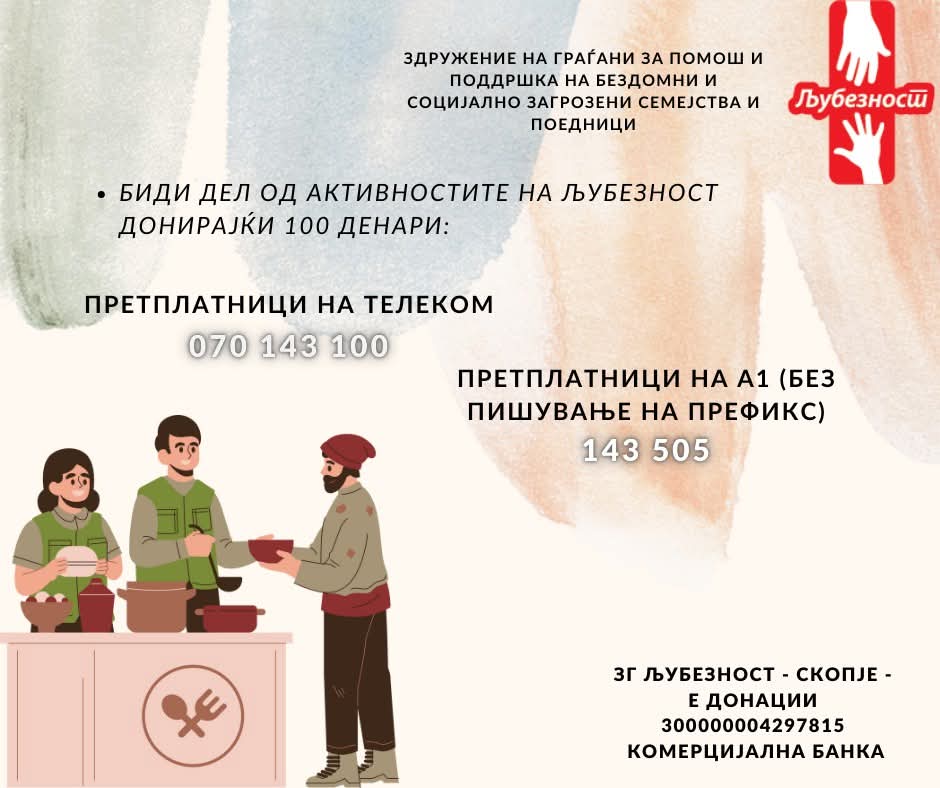 Со ваша помош празничната атмосфера можат да ја почувствуваат и семејствата кои се на раб на егзистенција и немаат  празнична трпеза. Има три начини на донирање: денес имаме пунктови за собирање храна на неколку локаци , со повик на телефонските броеви или донација на сметка.