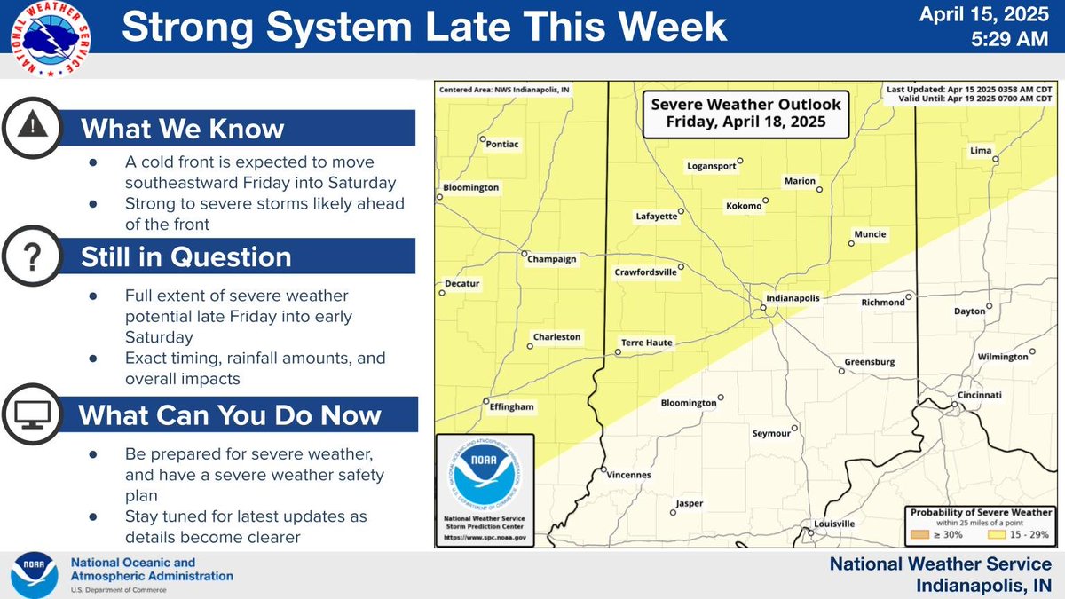 We're tracking the potential for strong to severe storms late this week with a cold front expected to move through central Indiana late Friday into Friday night. Extent of severe weather and timing remains uncertain, so be sure to continue to monitor the forecast. #INwx