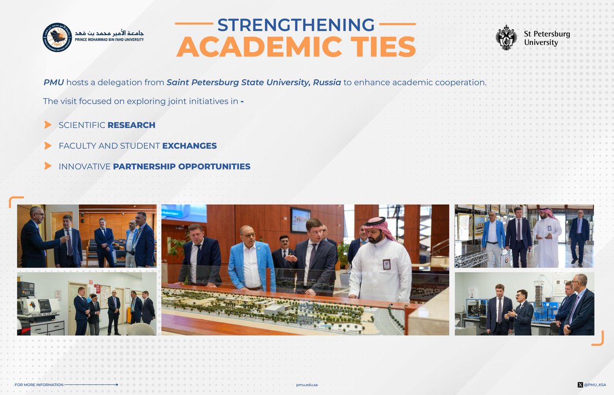 Strengthening Academic Ties! 
<a href="/PMU_KSA/">PMU</a> welcomed a delegation from <a href="/spb_university/">spb_university</a> to discuss academic cooperation &amp; innovative research partnerships! Great prospects for global impact &amp; potential for advancement 
#PMU #InternationalCollaboration
