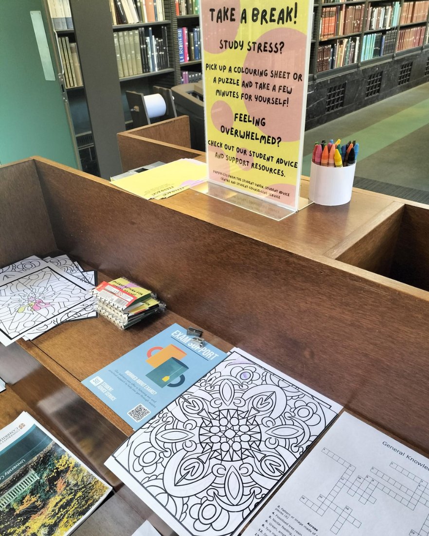 Need a break? The Reading Room at the UL has a supply of colouring sheets and crosswords, as well as guides on coping with stress and exams. Readers can borrow what they need and return them when they're done - no need to ask staff!

#StressAwarenessMonth