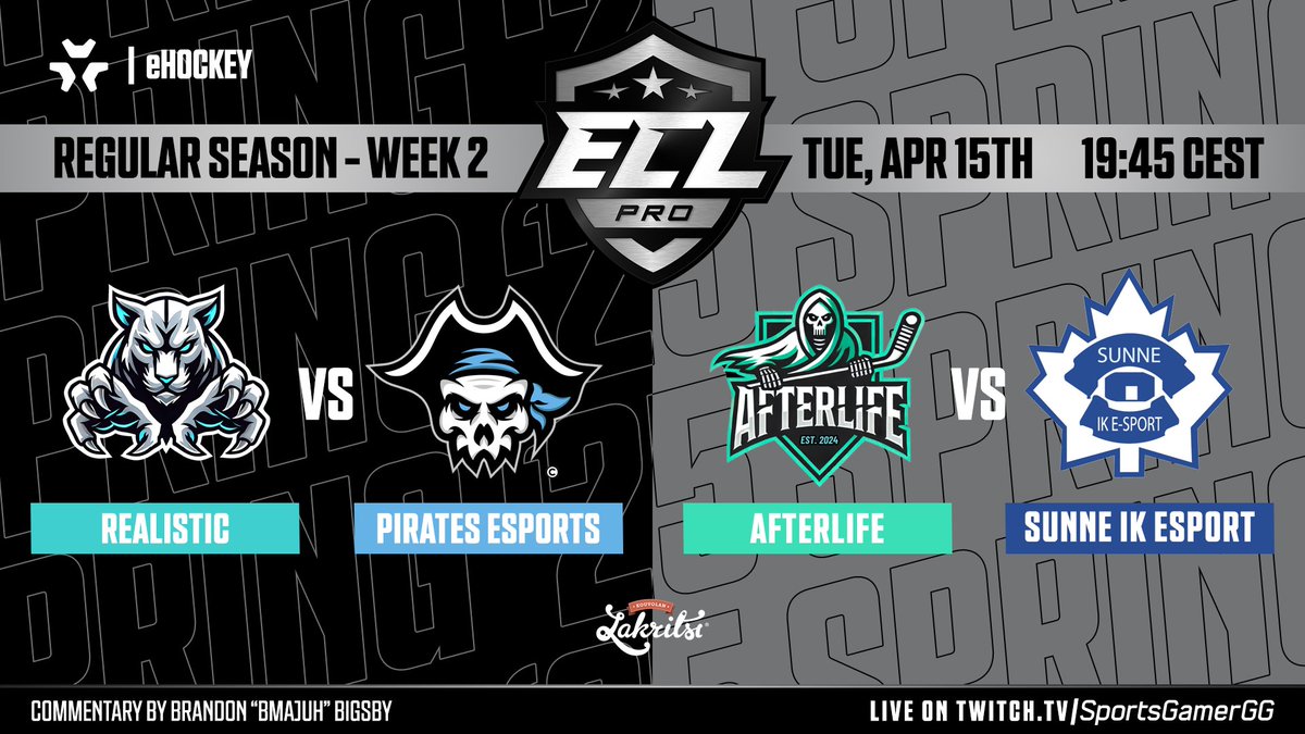 🔥 Our #ECL25Spring Pro coverage starts today!

📺 Watch LIVE twitch.tv/SportsGamerGG
⏰ 19:45 CEST | Tuesday, April 15th

🐅 Realistic vs Pirates Esports 🏴‍☠️
💀 Afterlife vs Sunne IK Esport 🍁

🎙️ <a href="/bMaJuH/">MaJuH 🎥</a> 

#eHockey | #NHL25 | #KouvolanLakritsi
