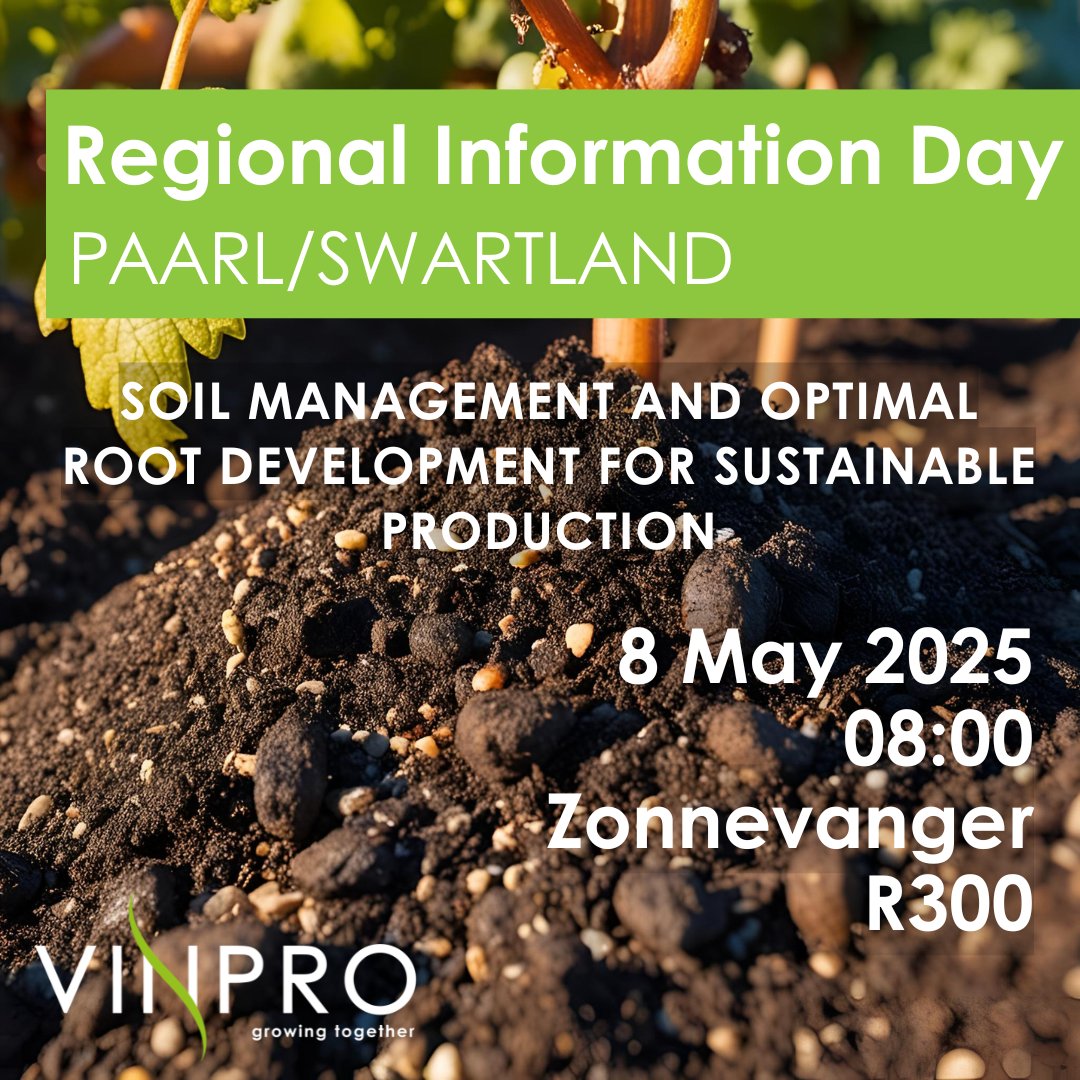 SOIL MANAGEMENT AND OPTIMAL ROOT DEVELOPMENT FOR SUSTAINABLE PRODUCTION
Discover all you need to know about the South African wine industry at the regional info days hosted by <a href="/Vinpro_za/">Vinpro</a> 

Get your ticket here: sales.vinpro.co.za/event/vinpro-r…

For more info:
Lesley - lesley@vinpro.co.za