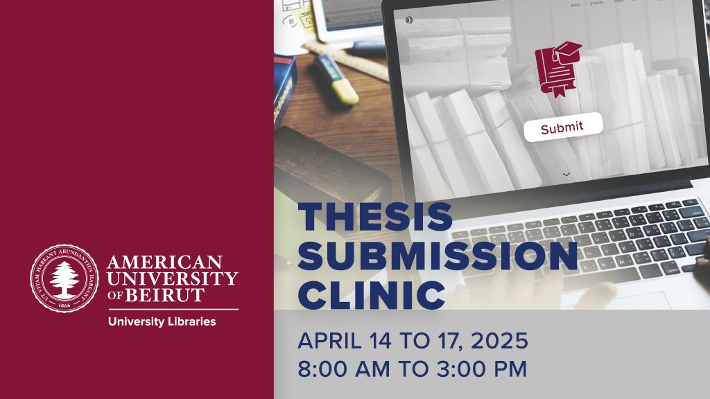 AUB Libraries (@aublibraries) on Twitter photo Thesis deadline coming up? Drop by our Thesis Submission Clinic at Jafet Library for formatting & compliance help!
๐๏ธ Apr 14โ17 & 22โ25 | โฐ 8 AMโ3 PM
๐ Info Services, Jafet Lobby
๐ป Online support: lib-thesis@aub.edu.lb
#AUBLibraries #ThesisClinic
<a href="/AUB_Lebanon/">American University of Beirut</a> <a href="/aubleb_osa/">AUB Office of Student Affairs</a> Thesis deadline coming up? Drop by our Thesis Submission Clinic at Jafet Library for formatting & compliance help!
๐๏ธ Apr 14โ17 & 22โ25 | โฐ 8 AMโ3 PM
๐ Info Services, Jafet Lobby
๐ป Online support: lib-thesis@aub.edu.lb
#AUBLibraries #ThesisClinic
<a href="/AUB_Lebanon/">American University of Beirut</a> <a href="/aubleb_osa/">AUB Office of Student Affairs</a>
