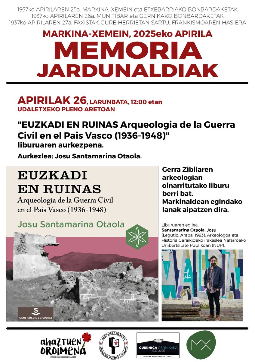 En una semana como esta, marcada ayer por la conmemoración del aniversario de la proclamación de la Segunda República, sumamos una nueva fecha a la tournée particular de <a href="/SantamarinaJosu/">Josu Santamarina</a> y "Euzkadi en ruinas" 🔥👁️

Apirilaren 26an liburuaren aurkezpena Markina-Xemeinen 🗓️
