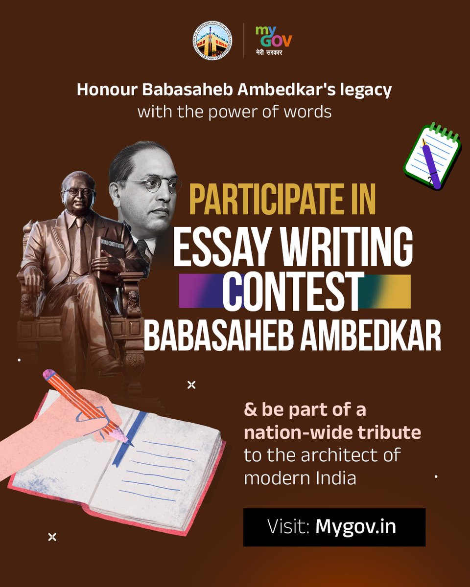 transformIndia's tweet image. 🖋️ Pen Your Tribute to Babasaheb!

Join the Essay Writing Contest and honor the life &amp;amp; legacy of Dr. B.R. Ambedkar through your words.

👉 Participate now : mygov.in/task/essay-wri…

#BabasahebAmbedkar #EssayContest #WriteForChange #TransformingIndia