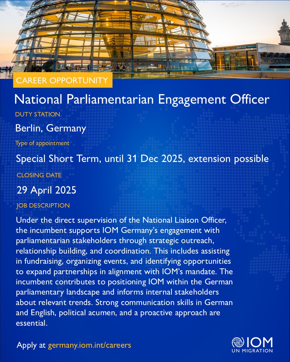 IOM Deutschland sucht eine:n National Parliamentarian Engagement Officer mit Erfahrung in politischer Kommunikation &amp; Stakeholdermanagement. 
📩Bewerbung bis 29. April: germany.iom.int/careers