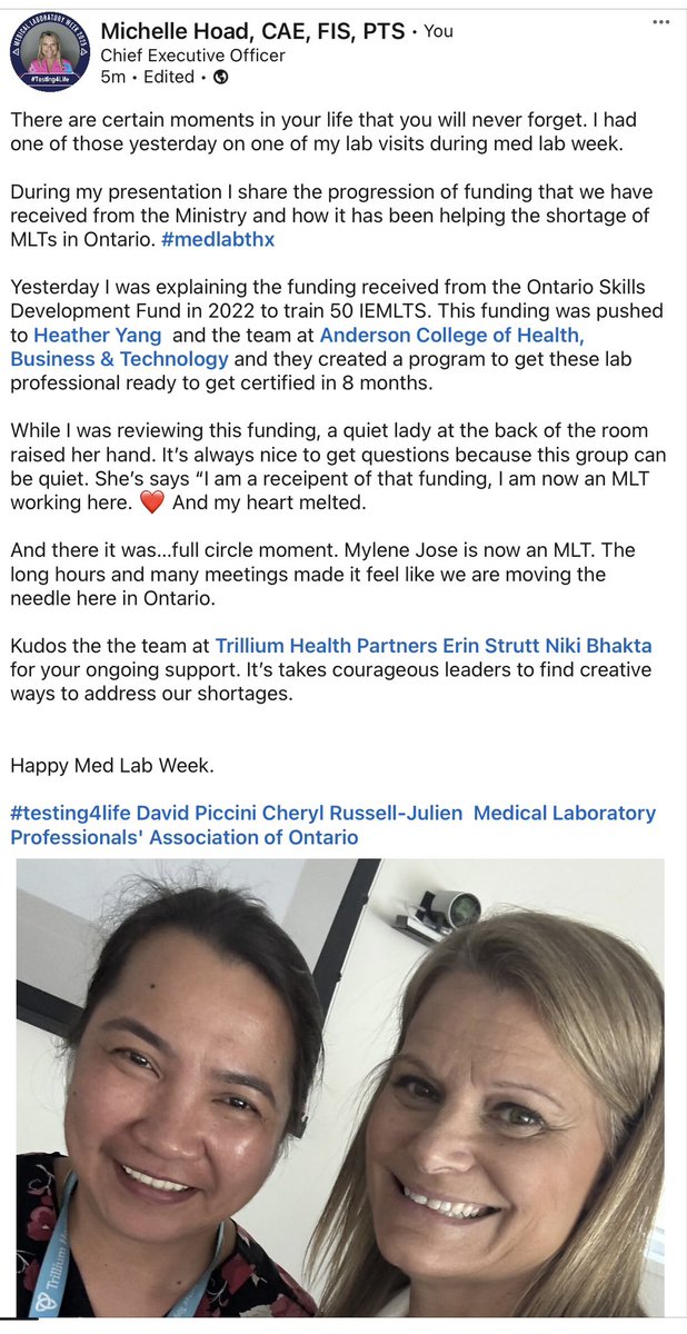 Michelle Hoad, CAE (@mlpaoceo) on Twitter photo A great moment yesterday to see full circle how funding from our Ontario government is working! #medlabthx to <a href="/SylviaJonesMPP/">Sylvia Jones</a> <a href="/DavidPiccini/">David Piccini</a> for your ongoing support.
We are a small group, so every little bit helps. Another MLT working at a hospitals in Ontario.
#testing4life A great moment yesterday to see full circle how funding from our Ontario government is working! #medlabthx to <a href="/SylviaJonesMPP/">Sylvia Jones</a> <a href="/DavidPiccini/">David Piccini</a> for your ongoing support.
We are a small group, so every little bit helps. Another MLT working at a hospitals in Ontario.
#testing4life
