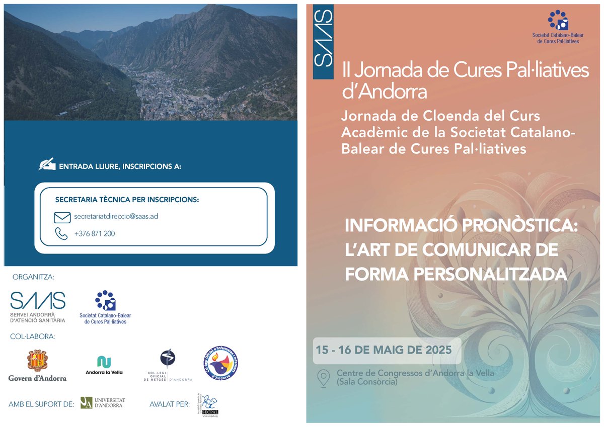 SECPAL_CPaliativos (@secpal_) on Twitter photo 📎 II Jornada de #CuidadosPaliativos de Andorra y Clausura del Curso Académico de la <a href="/SCBCPal/">Cures Pal·liatives - SCBCP</a>: 'Información pronóstica: el arte de comunicar de forma personalizada', avalada por #SECPAL
🗓️ 15 y 16 de mayo
🎟️ Entrada libre, con inscripción previa
ℹ️ bit.ly/4cBAqeE 📎 II Jornada de #CuidadosPaliativos de Andorra y Clausura del Curso Académico de la <a href="/SCBCPal/">Cures Pal·liatives - SCBCP</a>: 'Información pronóstica: el arte de comunicar de forma personalizada', avalada por #SECPAL
🗓️ 15 y 16 de mayo
🎟️ Entrada libre, con inscripción previa
ℹ️ bit.ly/4cBAqeE