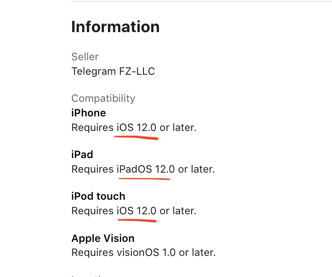 antnotdev's tweet image. С удивлением вчера обнаружил, что приложение Телеграма до сих пор поддерживает iOS 12. К примеру у Вотсаппа, Вайбера и др. уже давно минимальная версия iOS 15+.