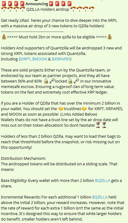 $QZILLA Exclusive AIRDROP to holders of 2bn+ No signup required; just hold tokens and set the trustlines to get it! 
TRUSTLINES: 
MOON : cutt.ly/Xrf2iEVO
XRPT : cutt.ly/XRPT-TL
XRPAPES : cutt.ly/9rf0I4dn