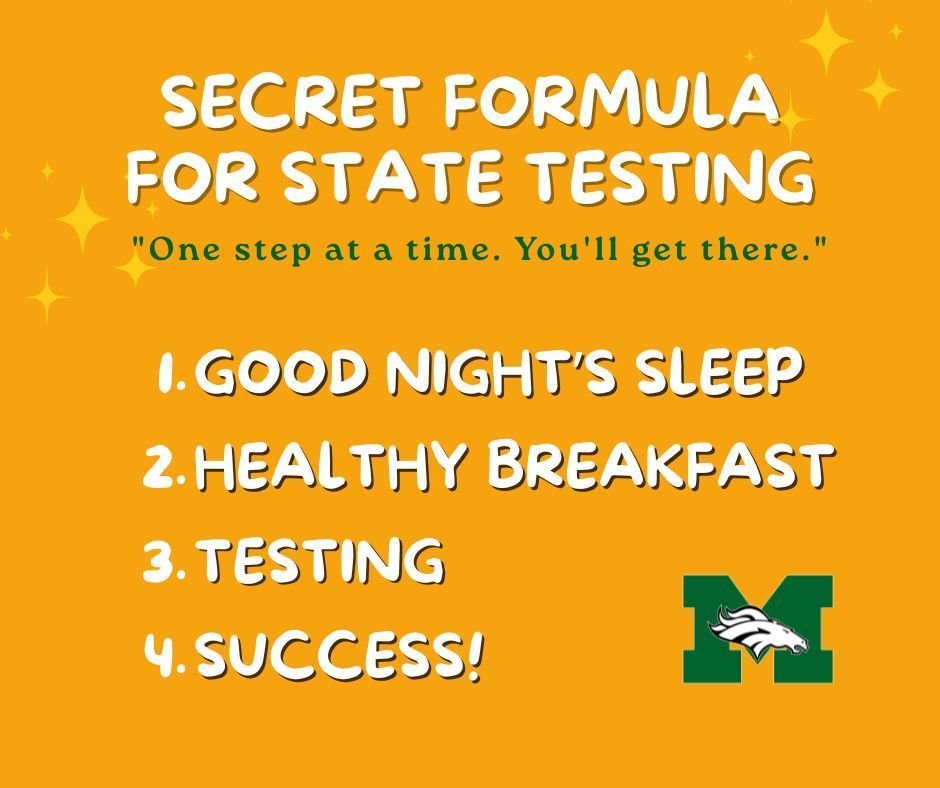memorialmssf's tweet image. Mustangs, here&apos;s your secret formula for state testing success:
1️⃣ Sleep well
2️⃣ Eat a solid breakfast
3️⃣ Do your best on the test
4️⃣ SUCCESS!
You&apos;ve got this. One step at a time. 💚 #GoMustangs #TestDayTips