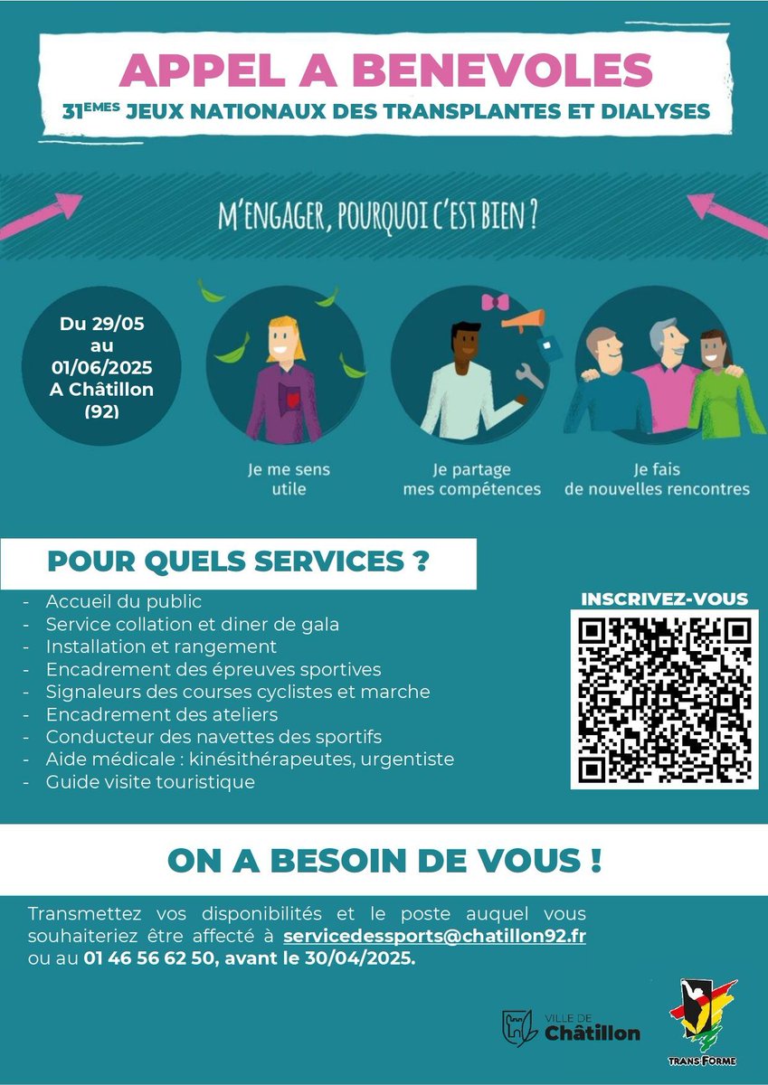 La Course du Coeur (@lacourseducoeur) on Twitter photo ๐ Appel ร bรฉnรฉvoles โ Rejoignez l'aventure des JNTD ร Chรขtillon ! Pour faire de ces Jeux un moment inoubliable, nous avons besoin de vous ! Plusieurs missions sont proposรฉes. Envoyez vos disponibilitรฉs et le poste souhaitรฉ avant le 30 avril 2025 ร servicedessports@chatillon92.fr ๐ Appel ร bรฉnรฉvoles โ Rejoignez l'aventure des JNTD ร Chรขtillon ! Pour faire de ces Jeux un moment inoubliable, nous avons besoin de vous ! Plusieurs missions sont proposรฉes. Envoyez vos disponibilitรฉs et le poste souhaitรฉ avant le 30 avril 2025 ร servicedessports@chatillon92.fr